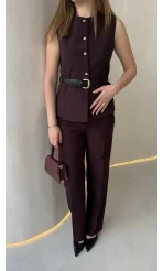 Moon Kemerli İspanyol Kesim Yelek Pantolon Takım - Mürdüm - Kod: 8891