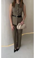 Moon Kemerli İspanyol Kesim Yelek Pantolon Takım - Haki - Kod: 8891