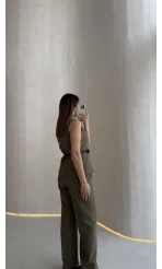 Moon Kemerli İspanyol Kesim Yelek Pantolon Takım - Haki - Kod: 8891