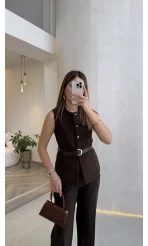 Moon Kemerli İspanyol Kesim Yelek Pantolon Takım - Kahve - Kod: 8891