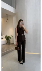 Moon Kemerli İspanyol Kesim Yelek Pantolon Takım - Kahve - Kod: 8891