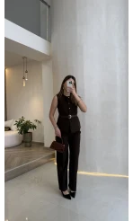 Moon Kemerli İspanyol Kesim Yelek Pantolon Takım - Kahve - Kod: 8891