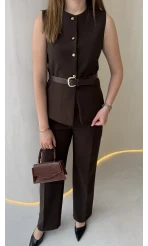 Moon Kemerli İspanyol Kesim Yelek Pantolon Takım - Kahve - Kod: 8891