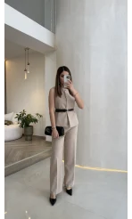 Moon Kemerli İspanyol Kesim Yelek Pantolon Takım - Taş - Kod: 8891