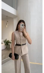 Moon Kemerli İspanyol Kesim Yelek Pantolon Takım - Taş - Kod: 8891