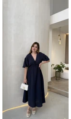 Becca Müslin Kumaş Elbise - Lacivert - Kod: 3008