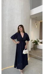 Becca Müslin Kumaş Elbise - Lacivert - Kod: 3008