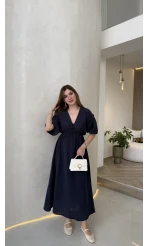 Becca Müslin Kumaş Elbise - Lacivert - Kod: 3008