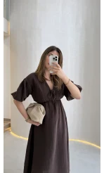 Becca Müslin Kumaş Elbise - Acı Kahve - Kod: 3008