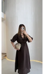 Becca Müslin Kumaş Elbise - Acı Kahve - Kod: 3008