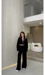 Herra Dantel Detay Kapüşonlu Crop Eşofman Takım - Siyah