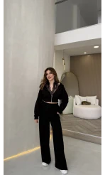 Herra Dantel Detay Kapüşonlu Crop Eşofman Takım - Siyah