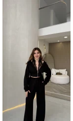 Herra Dantel Detay Kapüşonlu Crop Eşofman Takım - Siyah