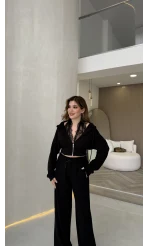 Herra Dantel Detay Kapüşonlu Crop Eşofman Takım - Siyah