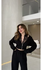 Herra Dantel Detay Kapüşonlu Crop Eşofman Takım - Siyah