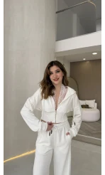 Herra Dantel Detay Kapüşonlu Crop Eşofman Takım - Ekru