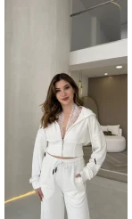 Herra Dantel Detay Kapüşonlu Crop Eşofman Takım - Ekru