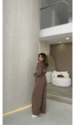 Herra Dantel Detay Kapüşonlu Crop Eşofman Takım - Kahve