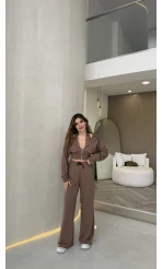 Herra Dantel Detay Kapüşonlu Crop Eşofman Takım - Kahve