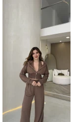 Herra Dantel Detay Kapüşonlu Crop Eşofman Takım - Kahve