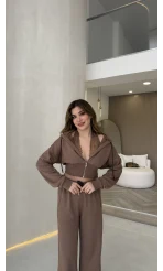 Herra Dantel Detay Kapüşonlu Crop Eşofman Takım - Kahve