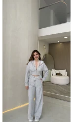 Herra Dantel Detay Kapüşonlu Crop Eşofman Takım - Gri