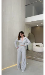 Herra Dantel Detay Kapüşonlu Crop Eşofman Takım - Gri