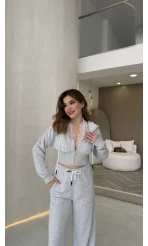 Herra Dantel Detay Kapüşonlu Crop Eşofman Takım - Gri