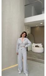 Herra Dantel Detay Kapüşonlu Crop Eşofman Takım - Gri