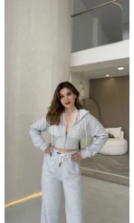 Herra Dantel Detay Kapüşonlu Crop Eşofman Takım - Gri