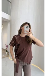 Asimetrik Kesim Dantel Detaylı Kemerli Bluz - Kahve - Kod: 2964