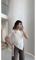 Asimetrik Kesim Dantel Detaylı Kemerli Bluz - Ekru - Kod: 2964