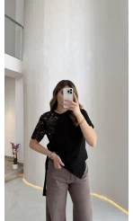 Asimetrik Kesim Dantel Detaylı Kemerli Bluz - Siyah - Kod: 2964