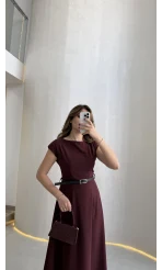 Bonita Vatkalı Midi Boy Kemerli Elbise - Bordo