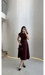 Bonita Vatkalı Midi Boy Kemerli Elbise - Bordo