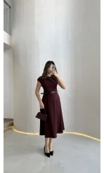 Bonita Vatkalı Midi Boy Kemerli Elbise - Bordo