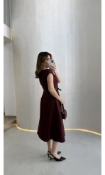 Bonita Vatkalı Midi Boy Kemerli Elbise - Bordo