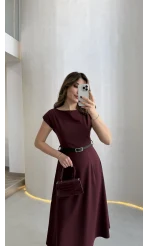 Bonita Vatkalı Midi Boy Kemerli Elbise - Bordo