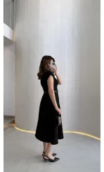 Bonita Vatkalı Midi Boy Kemerli Elbise - Siyah