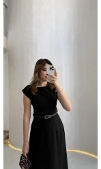 Bonita Vatkalı Midi Boy Kemerli Elbise - Siyah