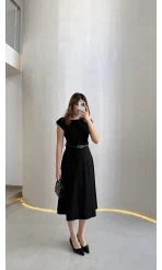 Bonita Vatkalı Midi Boy Kemerli Elbise - Siyah