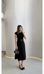 Bonita Vatkalı Midi Boy Kemerli Elbise - Siyah