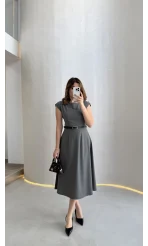 Bonita Vatkalı Midi Boy Kemerli Elbise - Antrasit