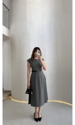 Bonita Vatkalı Midi Boy Kemerli Elbise - Antrasit
