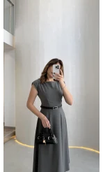 Bonita Vatkalı Midi Boy Kemerli Elbise - Antrasit