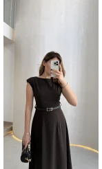 Bonita Vatkalı Midi Boy Kemerli Elbise - Kahverengi