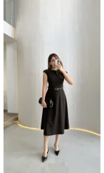 Bonita Vatkalı Midi Boy Kemerli Elbise - Kahverengi