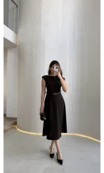 Bonita Vatkalı Midi Boy Kemerli Elbise - Kahverengi