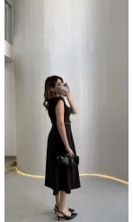 Bonita Vatkalı Midi Boy Kemerli Elbise - Kahverengi