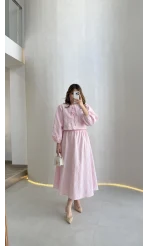 Brera Balon Kol Dokulu Etek Bluz Takım - Pembe - Kod: 6045